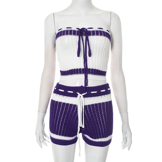 Damen Knitted Bandeau Set mit Shorts und verstellbarem Kordelzug R&B