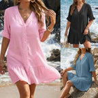 Damen luftiges Sommerkleid mit Knopfleiste und Rüschen R&B