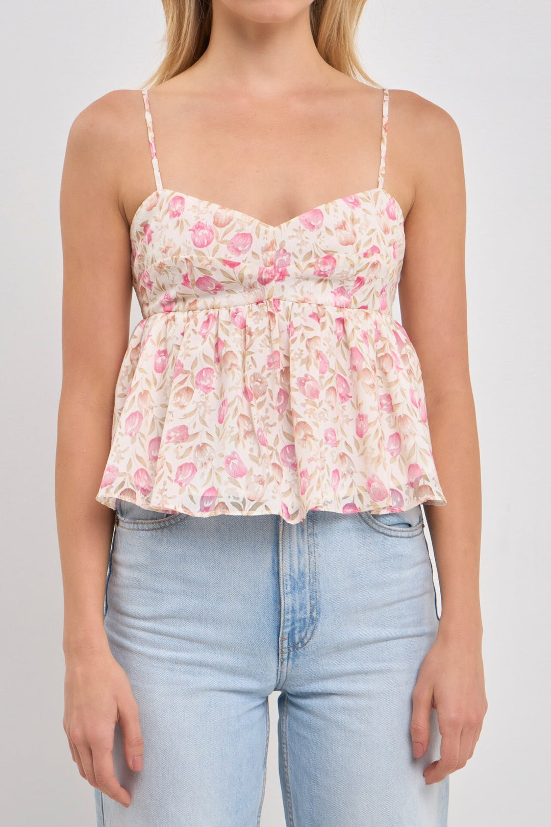 Damen Peplum-Oberteil mit floralem Muster und zarten Spaghetti-Trägern R&B