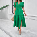 Damen Maxikleid mit hohem Schlitz und Puffärmeln R&B