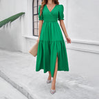 Damen Maxikleid mit hohem Schlitz und Puffärmeln R&B