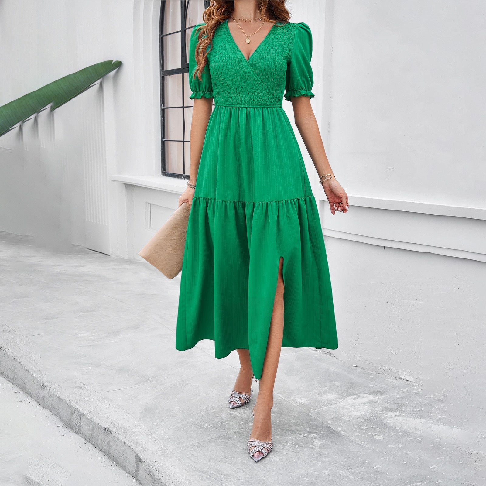 Damen Maxikleid mit hohem Schlitz und Puffärmeln R&B