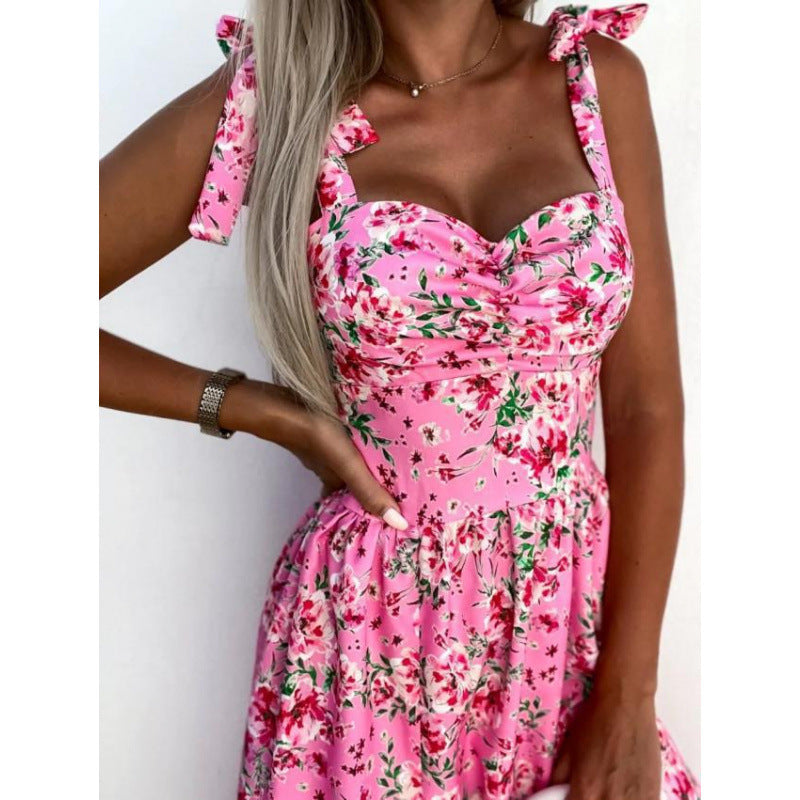 Damen Sommerkleid mit floralem Design und verspielt gebundenen Trägern R&B