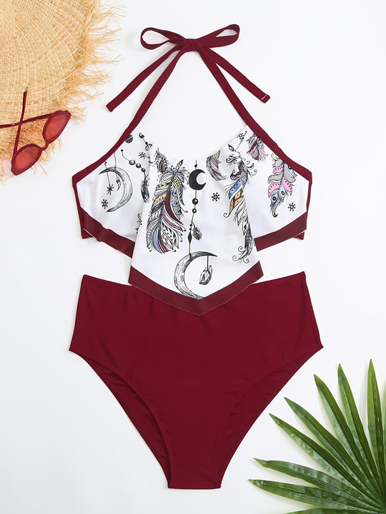 Damen Hochgeschnittener Badeanzug mit künstlerischem Print R&B