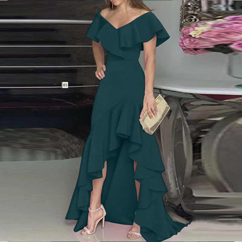 Damen Maxikleid mit voluminösen Rüschen und schulterfreiem Design R&B