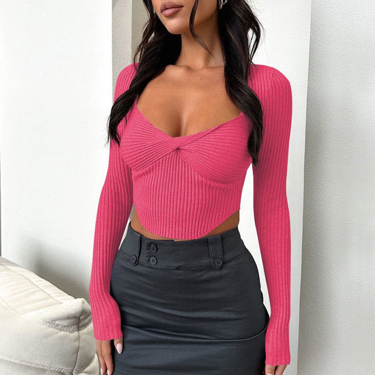 Damen Cropped Pullover mit schmalem Schnitt und Wickeldesign R&B