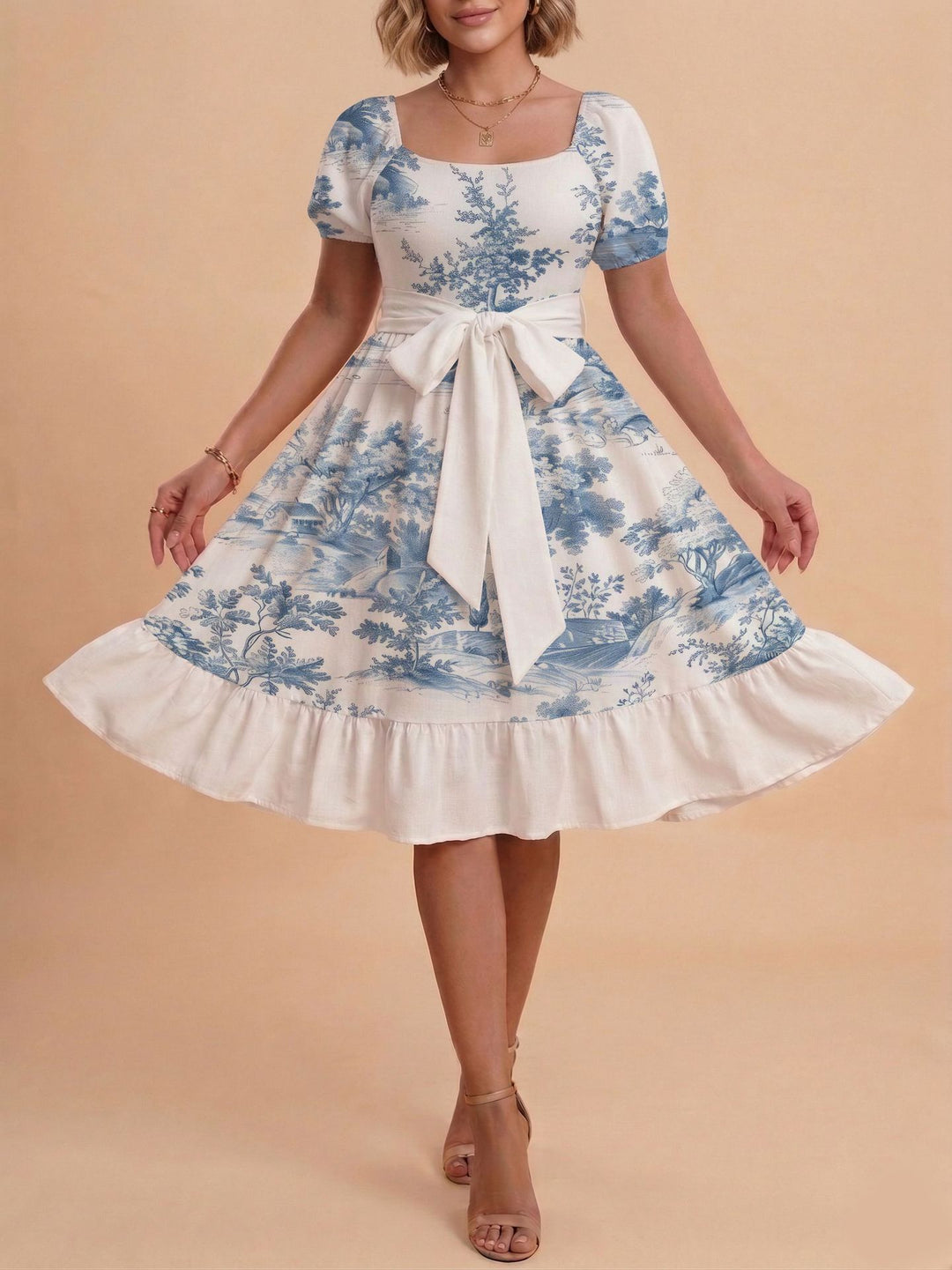 Damen Retro Maxikleid mit Puffärmeln und Taillengürtel R&B