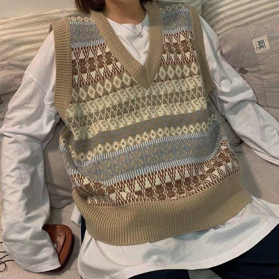 Damen Ärmellose Strickweste mit V-Ausschnitt und Muster R&B