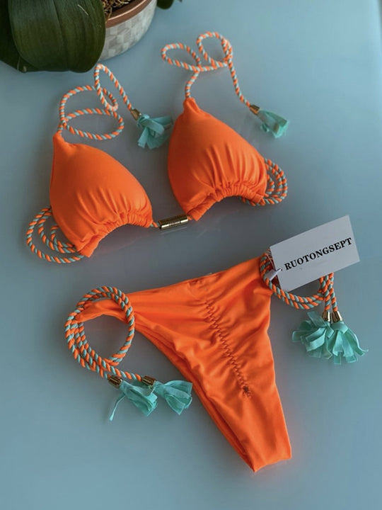 Damen Triangel-Bikini mit modischem Leopardenmuster und dekorativen Quasten R&B