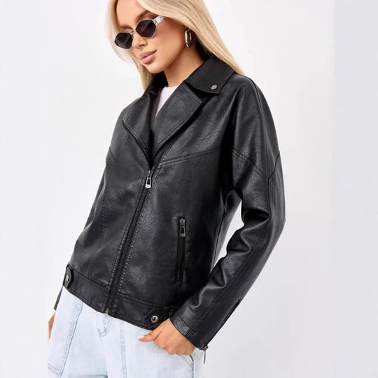 Damen hochwertige Kunstlederjacke im Biker-Stil mit asymmetrischem Reißverschluss R&B