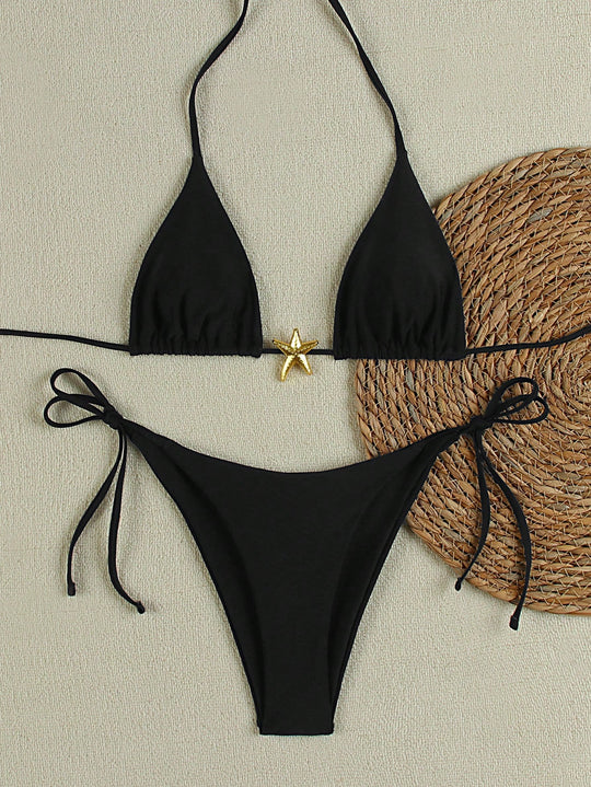 Damen Triangel-Bikini-Set mit verstellbaren Trägern und dekorativem Schmuckelement R&B