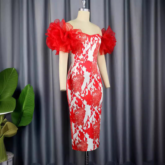 Damen Etuikleid mit romantischen Blumenmustern und voluminösen Puffärmeln R&B