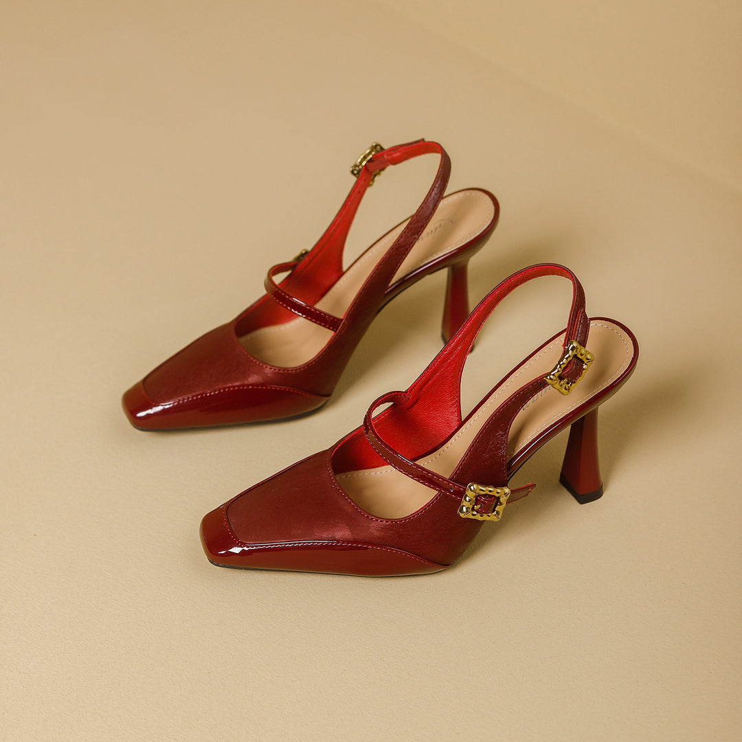 Damen Slingback-Pumps mit eleganter Quadratischer Spitze und glänzendem Riemendesign R&B