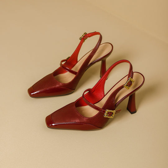 Damen Slingback-Pumps mit eleganter Quadratischer Spitze und glänzendem Riemendesign R&B