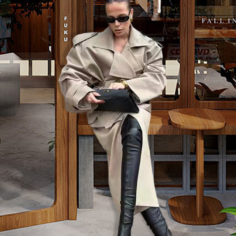 Damen Oversized Trenchcoat mit hochgeschlossenem Kragen und weiten Ärmeln R&B