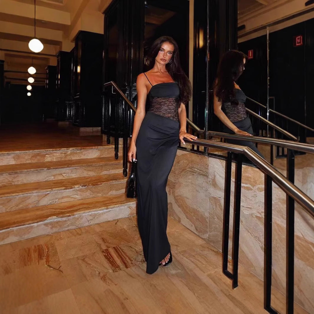 Damen Maxikleid mit transparentem Oberteil und eleganten Details R&B
