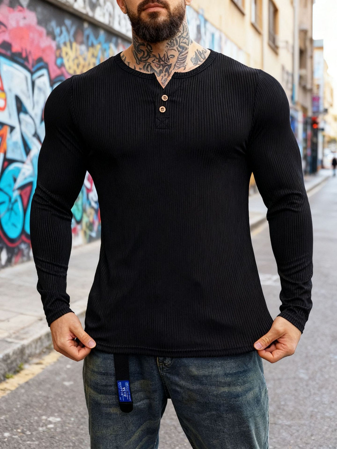 Herren nan geripptes Langarm-Henleyshirt mit flacher Knopfleiste und körperbetonter Stretch-Passform R&B