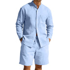 Herren nan sommerliches Leinen-Set mit Stehkragenhemd und Kordelzug-Kurzhose R&B