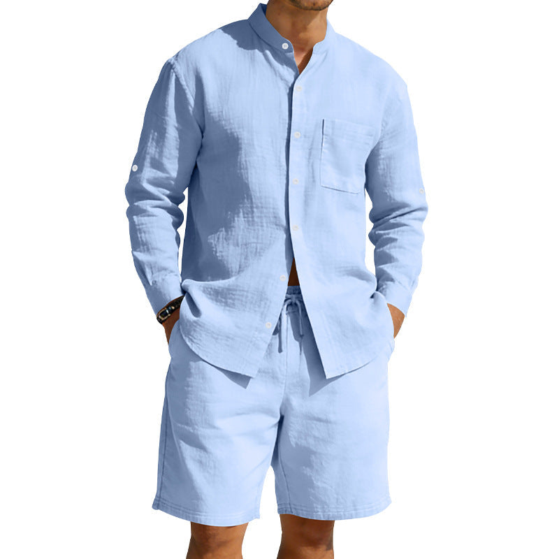 Herren nan sommerliches Leinen-Set mit Stehkragenhemd und Kordelzug-Kurzhose R&B