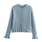 Damen Strickjacke mit dekorativem Rüschensaum und Knopfverschluss R&B