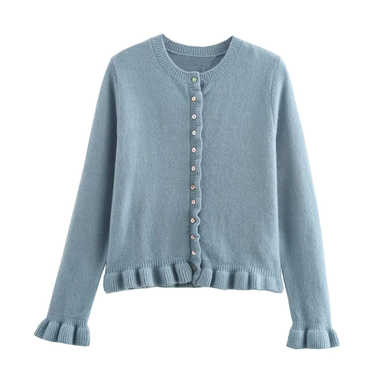 Damen Strickjacke mit dekorativem Rüschensaum und Knopfverschluss R&B