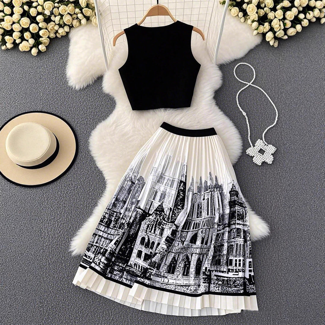 Damen-Set aus ärmellosem Crop-Top und weitschwingendem Maxirock im urbanen Design R&B