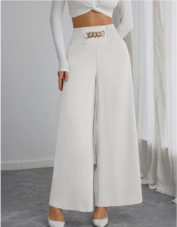 Damen Weite High-Waist Hose mit dekorativem Gummizug und modischem Gürtel R&B