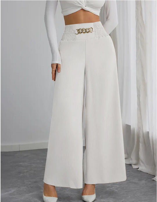 Damen Weite High-Waist Hose mit dekorativem Gummizug und modischem Gürtel R&B