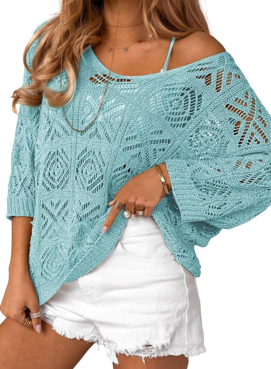 Damen Oversize Strickpullover mit Häkelstruktur R&B