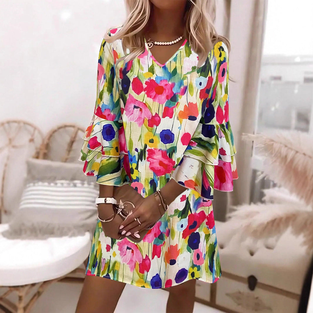 Damen Kurzes Kleid mit voluminösen Ärmeln und floralem Muster R&B