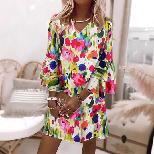 Damen Kurzes Kleid mit voluminösen Ärmeln und floralem Muster R&B