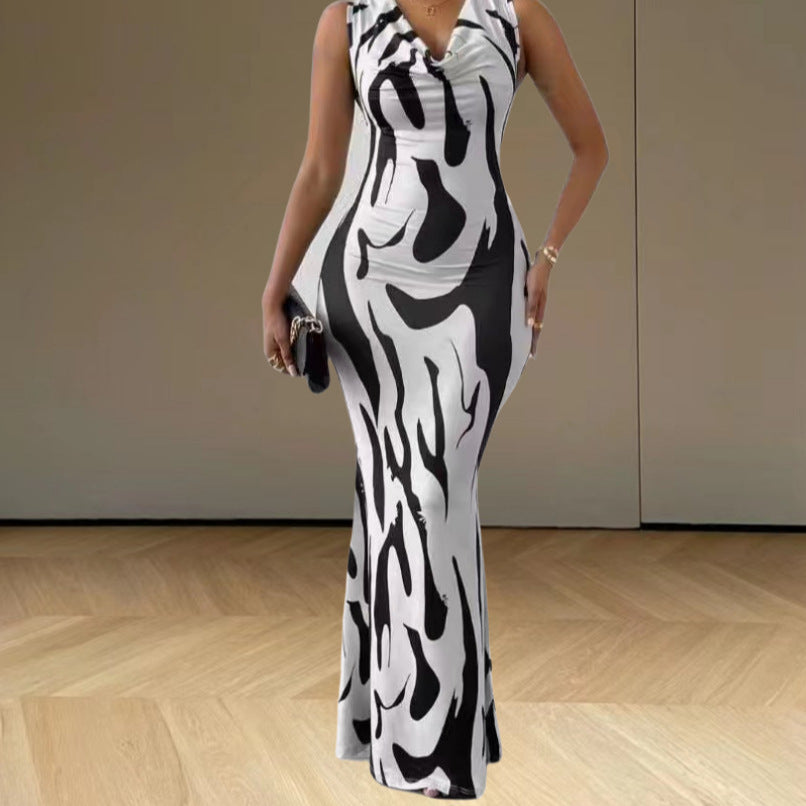 Damen elegantes Maxikleid mit figurbetontem Schnitt und trendigem Muster R&B