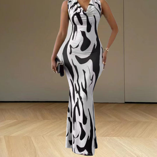 Damen elegantes Maxikleid mit figurbetontem Schnitt und trendigem Muster R&B