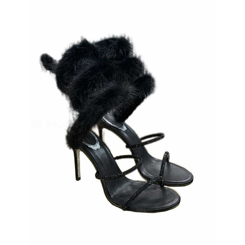 Damen High Heel Sandalen mit glamourösen Riemen und weichem Fellbesatz R&B