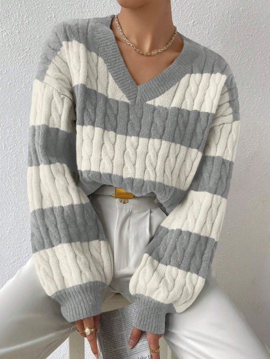 Damen V-Ausschnitt Strickpullover mit Rippstruktur und langen Ärmeln R&B