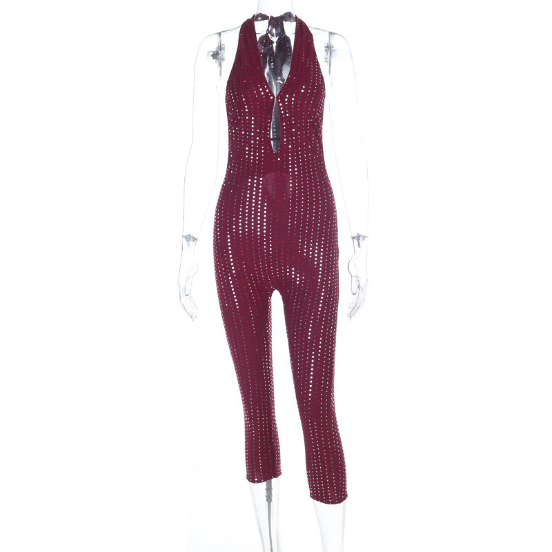 Damen modischer Netz-Jumpsuit mit tiefem Ausschnitt R&B