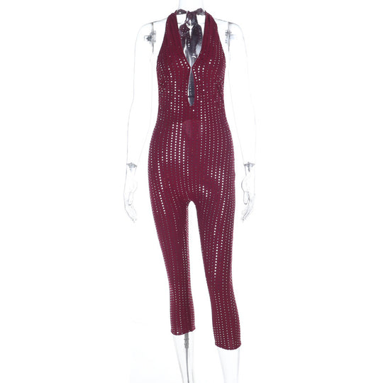 Damen modischer Netz-Jumpsuit mit tiefem Ausschnitt R&B