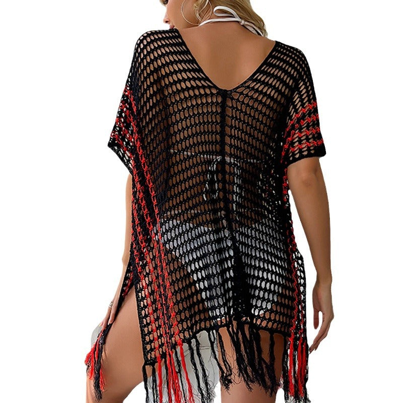 Damen luftiger Häkel-Strandüberwurf mit fransigen Details R&B