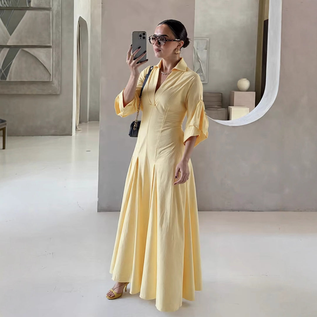 Damen Hemdblusenkleid mit elegantem V-Ausschnitt und weiten Ärmeln R&B