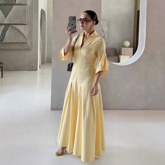 Damen Hemdblusenkleid mit elegantem V-Ausschnitt und weiten Ärmeln R&B