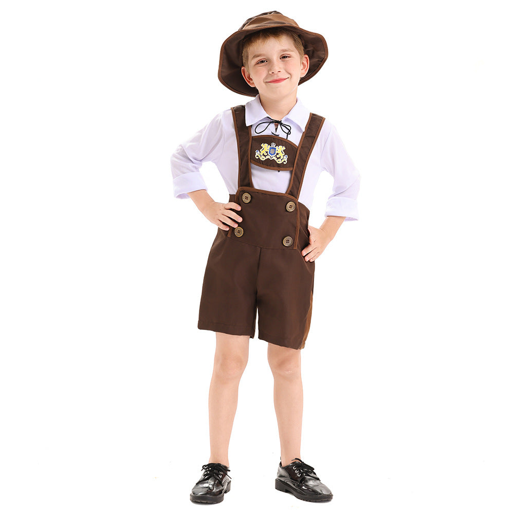 Herren nan traditionelles Kinderlederhosen-Set mit verstellbaren Hosenträgern und Trachtenhut R&B