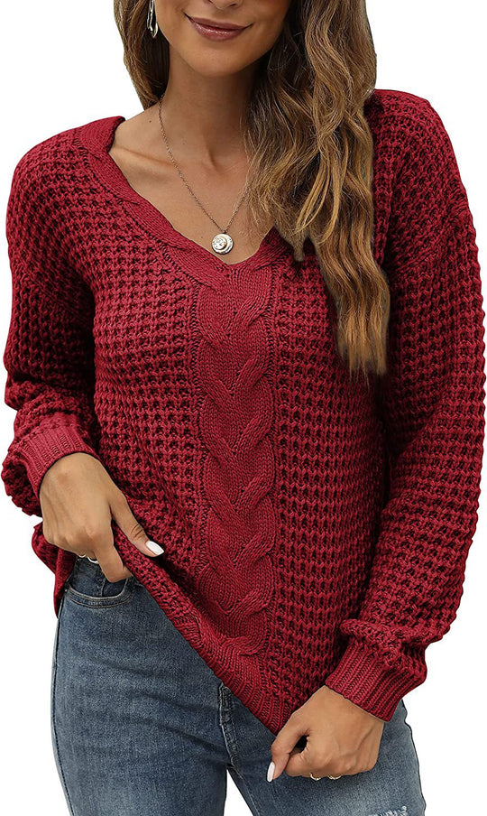 Damen lässiger Strickpullover mit tiefem V-Ausschnitt und detailliertem Zopfmuster R&B