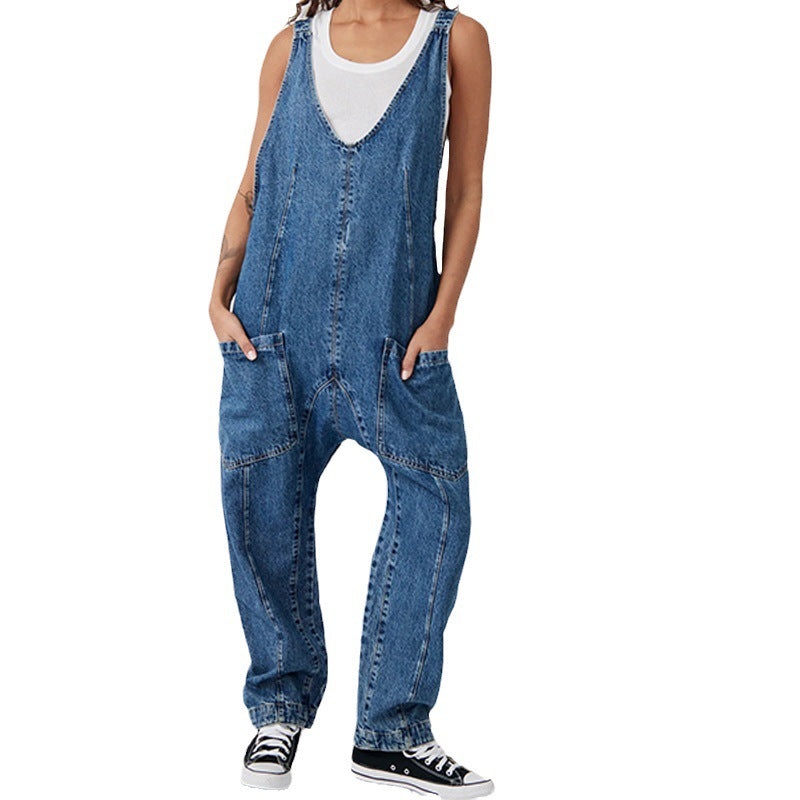 Damen lässiger Jumpsuit mit tiefem Ausschnitt und praktischen Taschen R&B