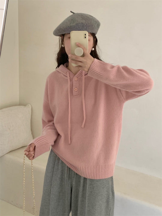 Damen Hoodie-Pullover mit Knöpfen und hohem Kragen R&B