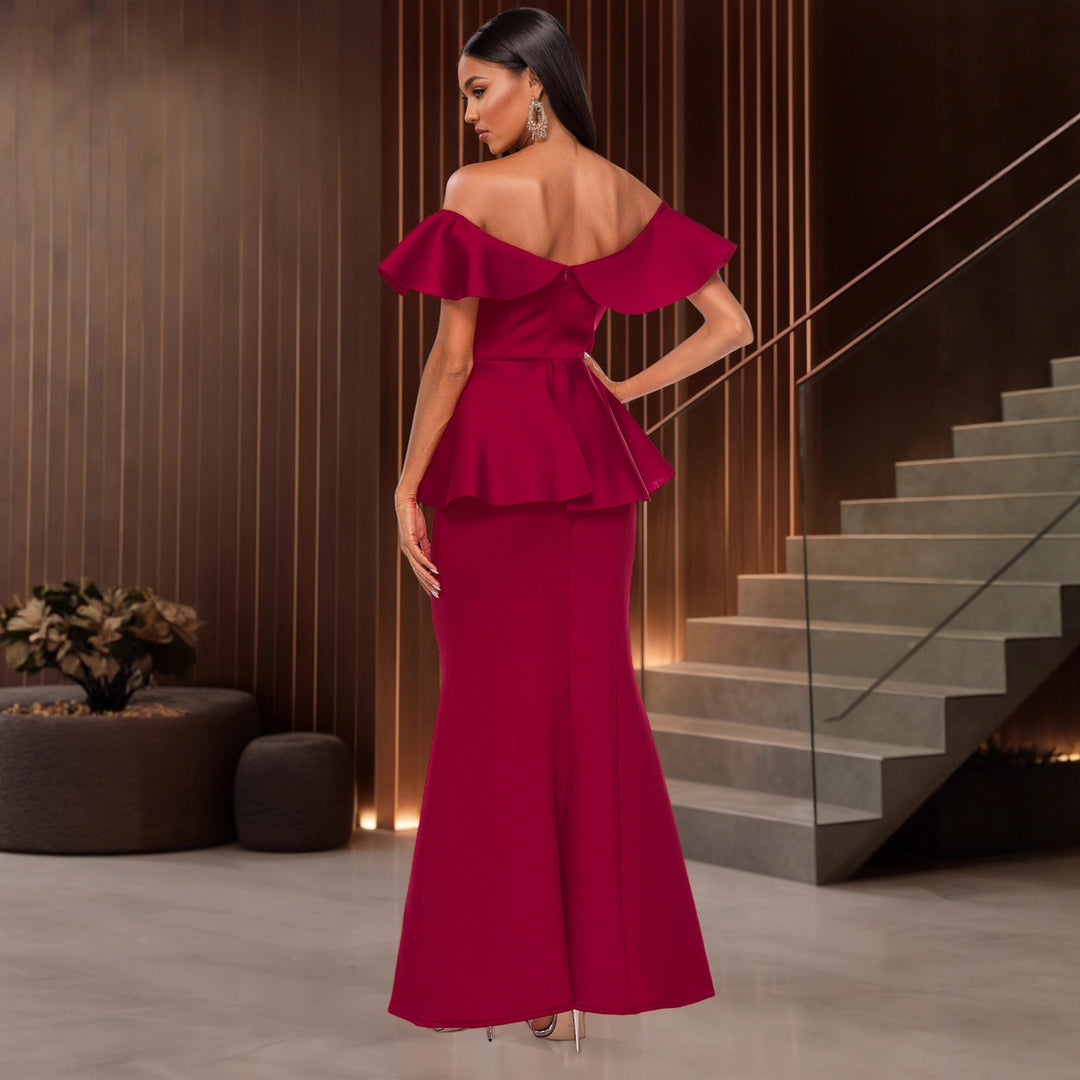 Damen elegantes Abendkleid mit schulterfreiem Design und voluminösem Saum R&B