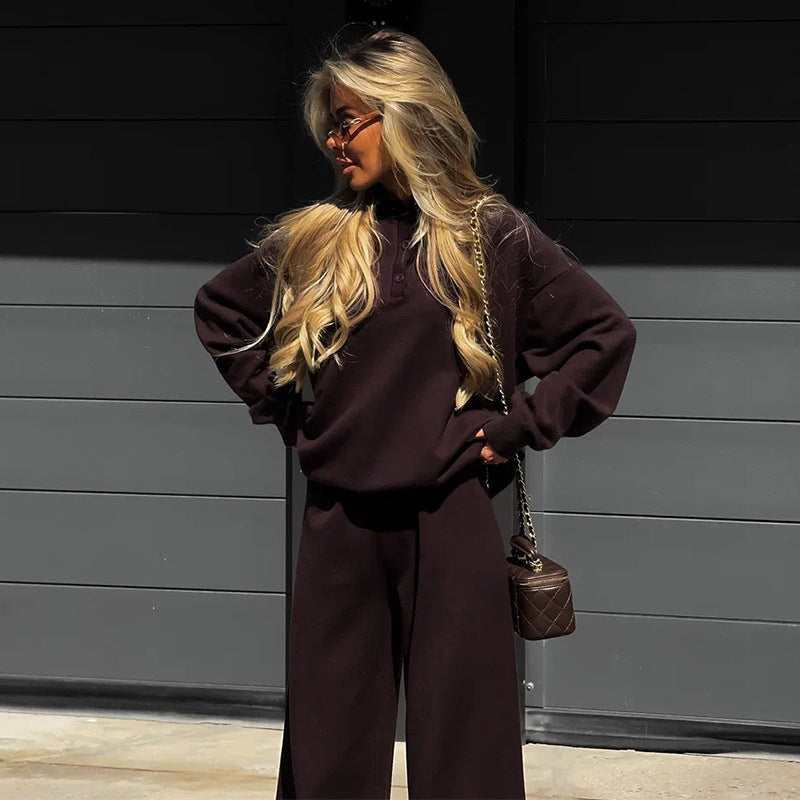 Damen Loungewear-Kombination mit lockerem Poloshirt und weitem Hosen R&B