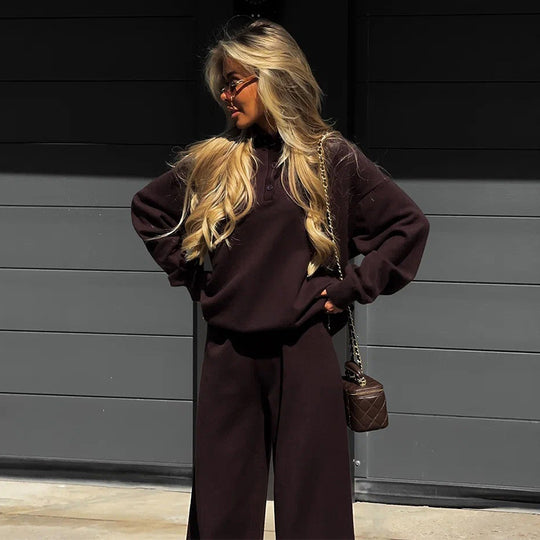 Damen Loungewear-Kombination mit lockerem Poloshirt und weitem Hosen R&B