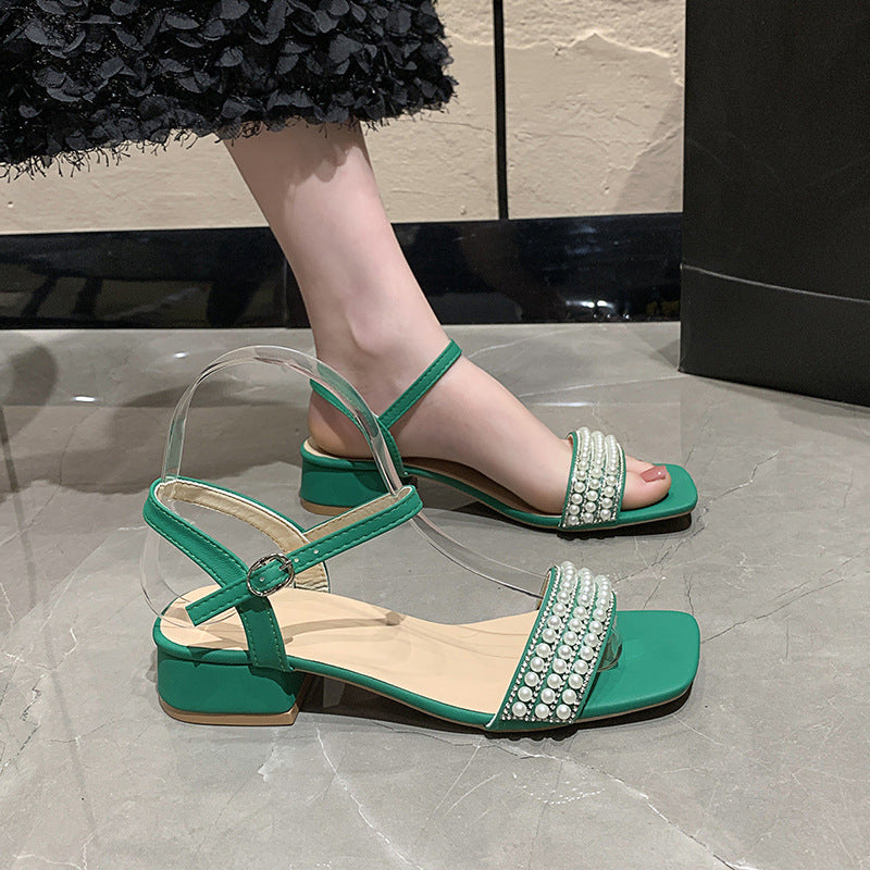 Damen elegante Sandalen mit Perlenverzierung und niedrigem Blockabsatz R&B