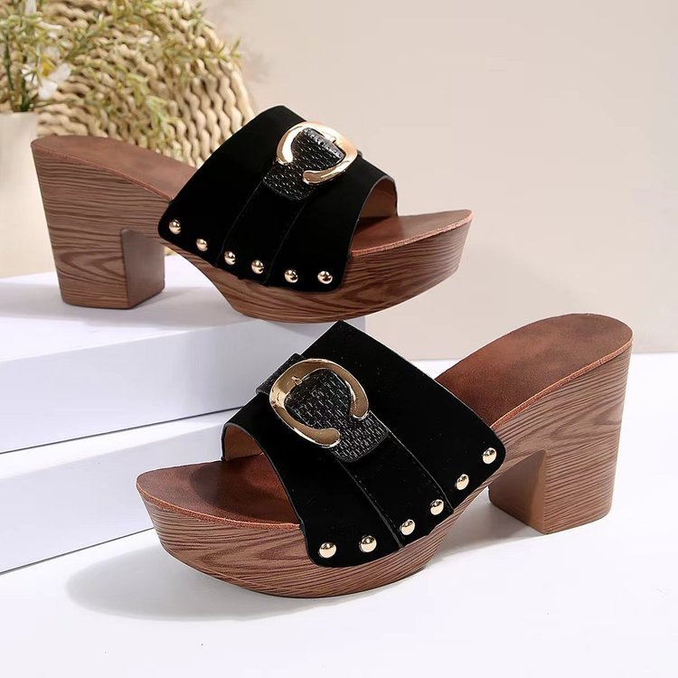 Damen Plattform-Sandalen mit modischem Schnallen-Design und Holzoptik R&B