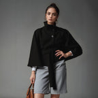 Damen moderne Cape-Jacke mit abnehmbarem Gürtel und hohem Kragen R&B